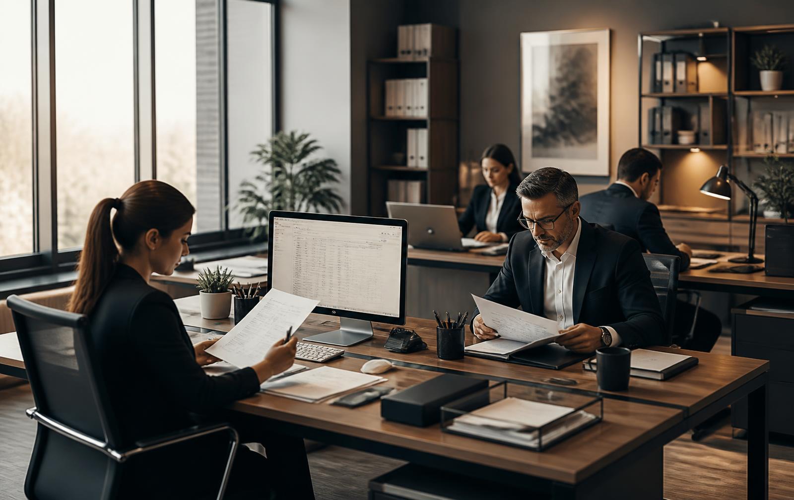 Equipe de apoio administrativo organizando documentos em escritório